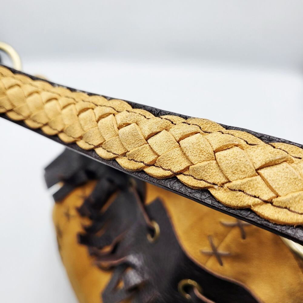 Vintage Inge Sport Boho Yellow Tan Suede Stitched Fringe Accent Shoulder Bag - Picture 5 of 12